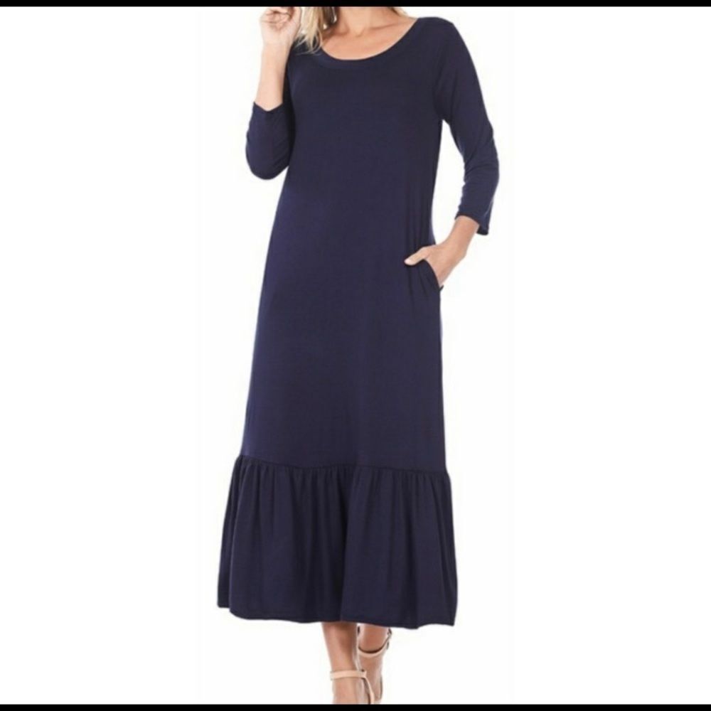 Navy Blue Single Ruffle Comfortable Dress